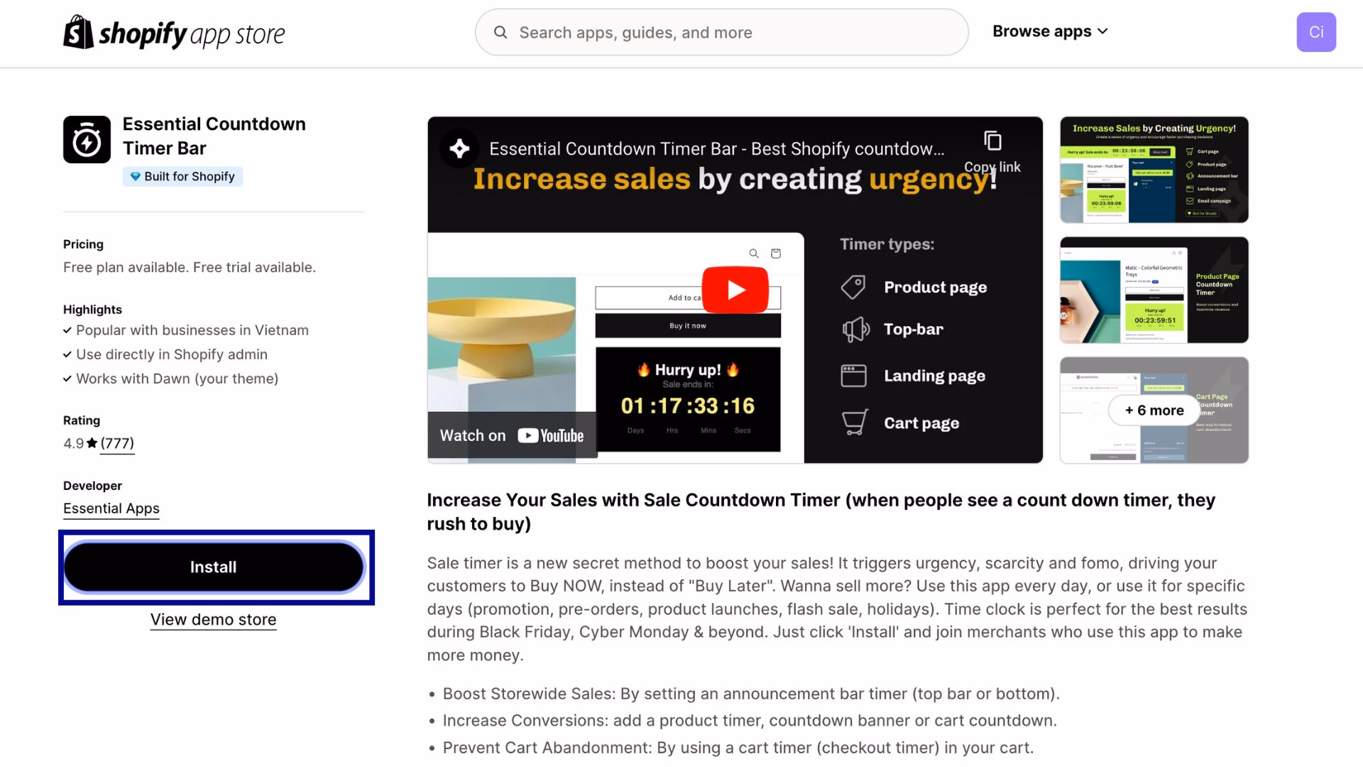 Click Install and integrate it into your Shopify store.